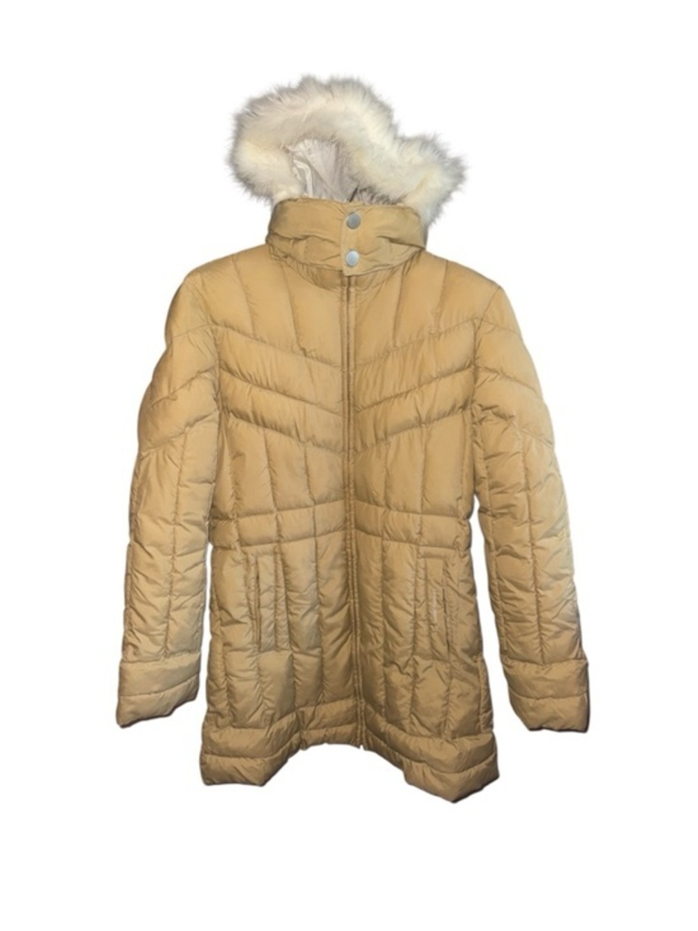 Tommy Hilfiger Light Cream Quilted Puffer Coat with Faux Fur Hood NWOT Winter
